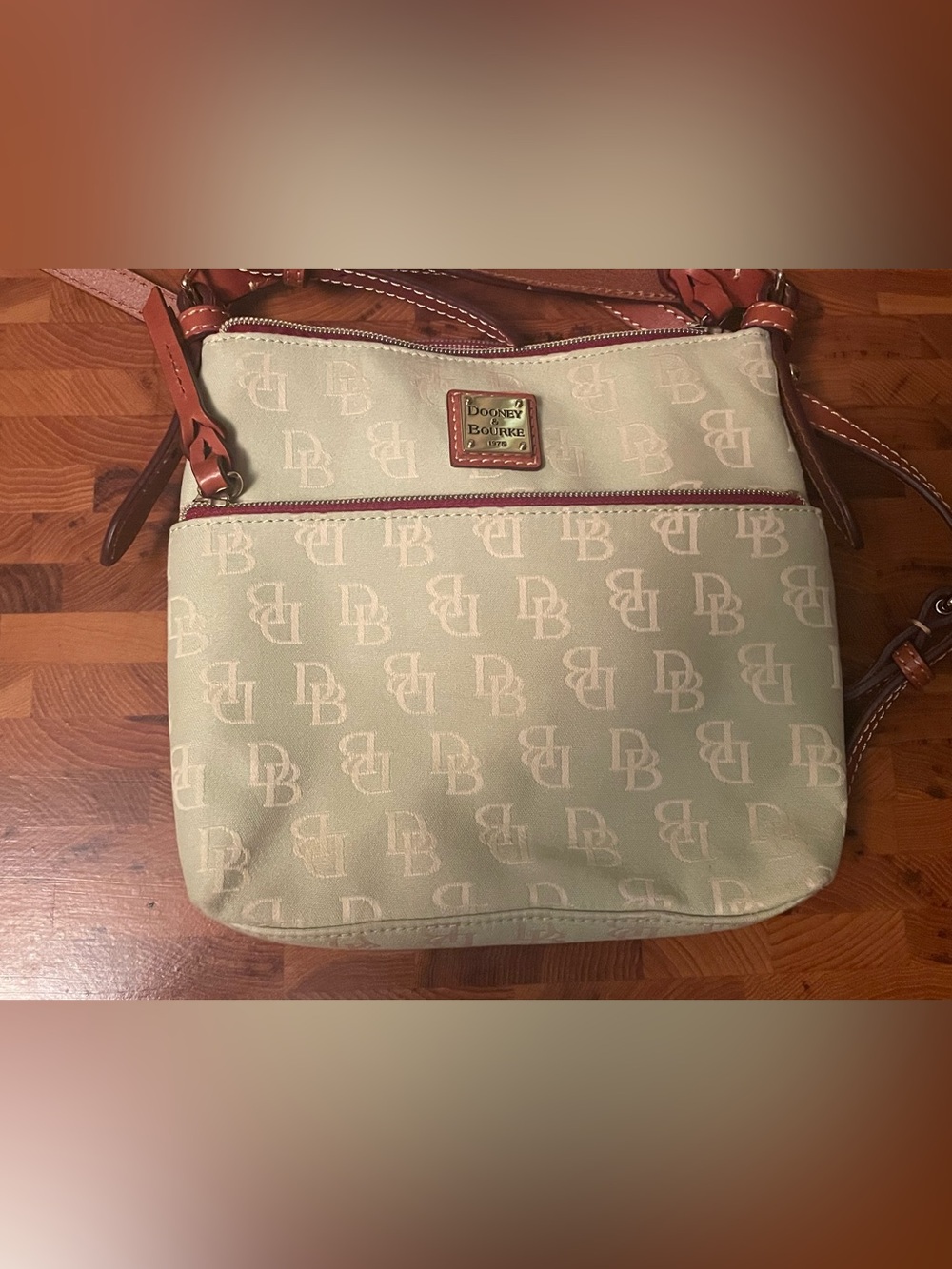 Dooney & Bourke Light Green Crossbody Canvas Bag. Monogram Print with COA